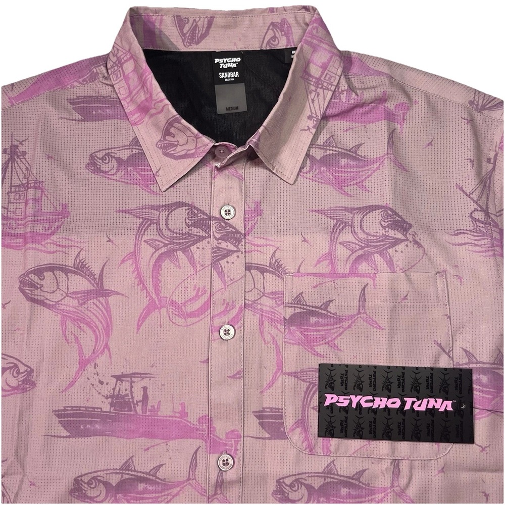 Psycho Tuna Fishing Button-Up AOP Shirt Mens Size Medium Short Sleeve Purple $52